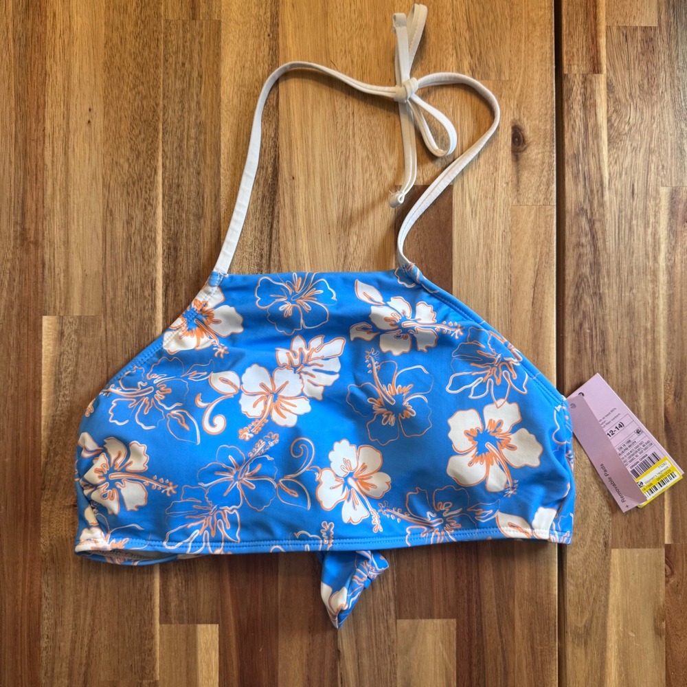 Wild Fable Blue Hibiscus Floral High Neck Halter Bikini‎ Top L 12-14 NWT